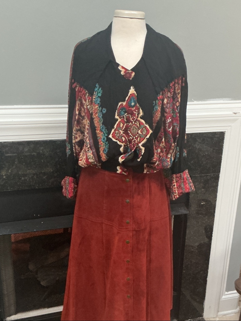 Bohemian Black & Rust Printed Blouse with Rust Button-Front Skirt Set